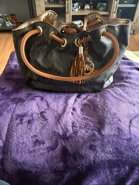 MK-Inspired Brown Logo Tote with Tan Leather Trim